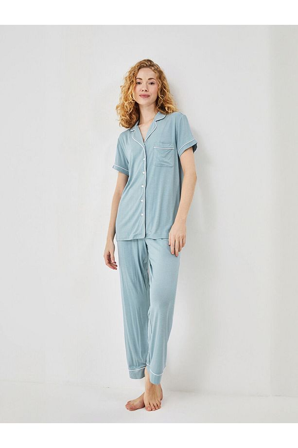 LCW DREAM Mavi Gömlek Yaka Kadın Pijama Takımı - 1