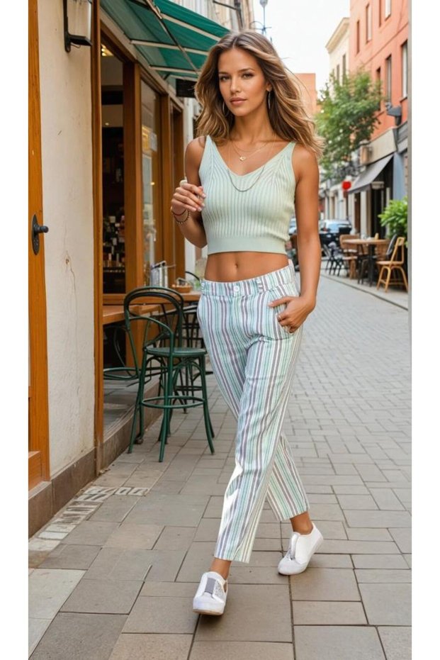 Women's Slim Fit Linen Striped Pocketed Carrot Trousers Pastel Green 700-3394242