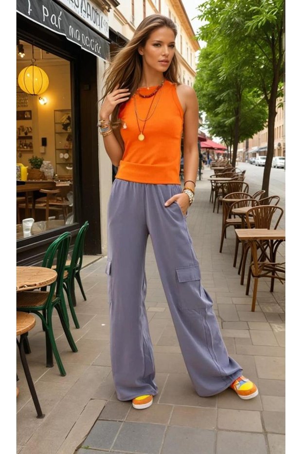 Women's Quality Soft Kupra Fabric Pocketed Elastic Waist Wide-Leg Cargo Pants 3600308