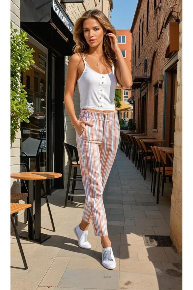 Women's Slim Fit Linen Striped Pocketed Carrot Trousers Tile 700-3394242