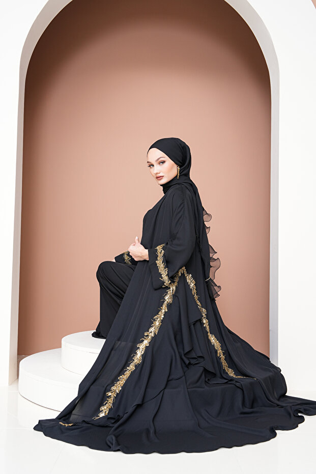 Gold Flounces Luxury Clothing Abaya Special Handcrafted Stylish and Elegant Model Gold Lace Processing