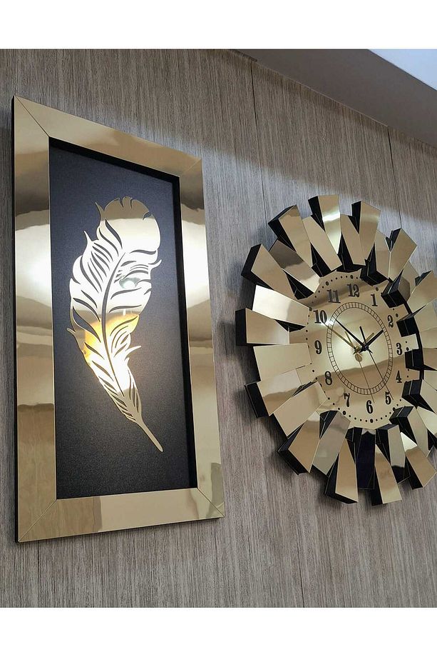 3lü Duvar Saati TÜRK Rakam 3 Boyutlu Piyano Model Aynalı Gold Tüy Tablo - 3