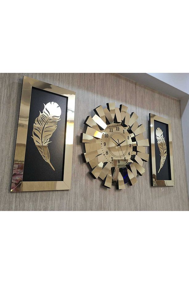 3lü Duvar Saati TÜRK Rakam 3 Boyutlu Piyano Model Aynalı Gold Tüy Tablo - 4