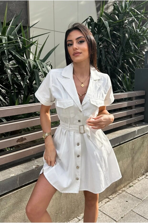 Women's White Gabardine Belted Dress