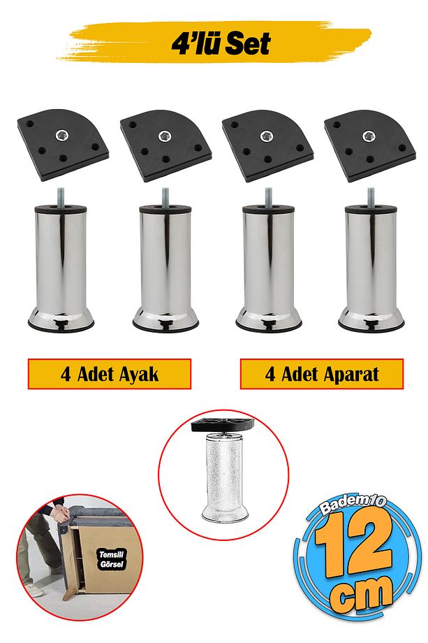 Kanepe Baza Koltuk Destek Yükseltme Yükseltici 4 Adet Ayağı M8 Civatalı Krom Metal Ayakları 12 Cm - 1