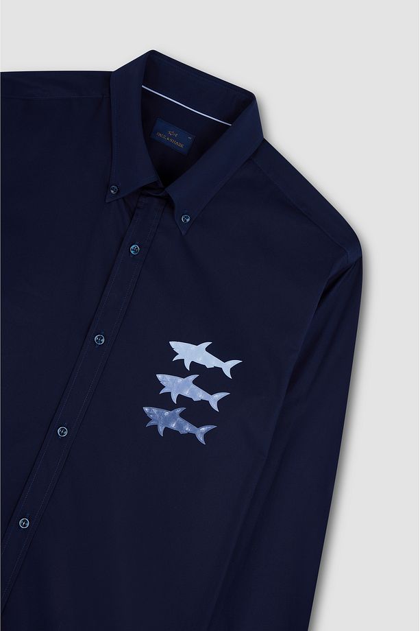 Erkek Regular Fit Göğsü Shark Logolu Pamuklu Uzun Kollu Lacivert Gömlek 25413503-013 - 5