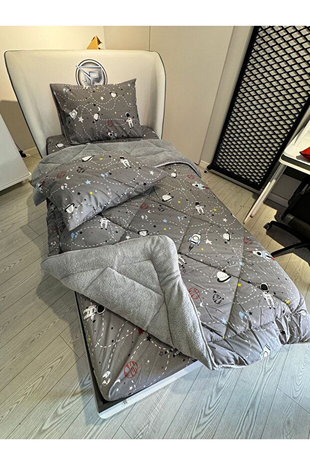 Tek Kişilik Welsoft Pufidik Uyku Seti (Lastikli Çarşaflı) Uzay Füme - 8