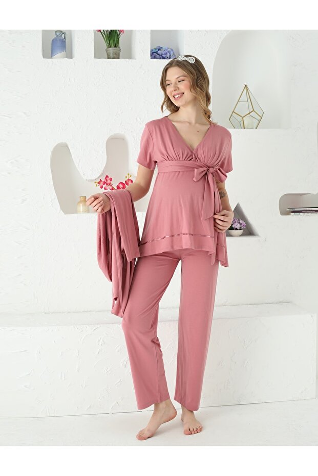 Maternity Long-Sleeve Robe Pocket Detail Combined Belted 3-Piece Nightgown Set