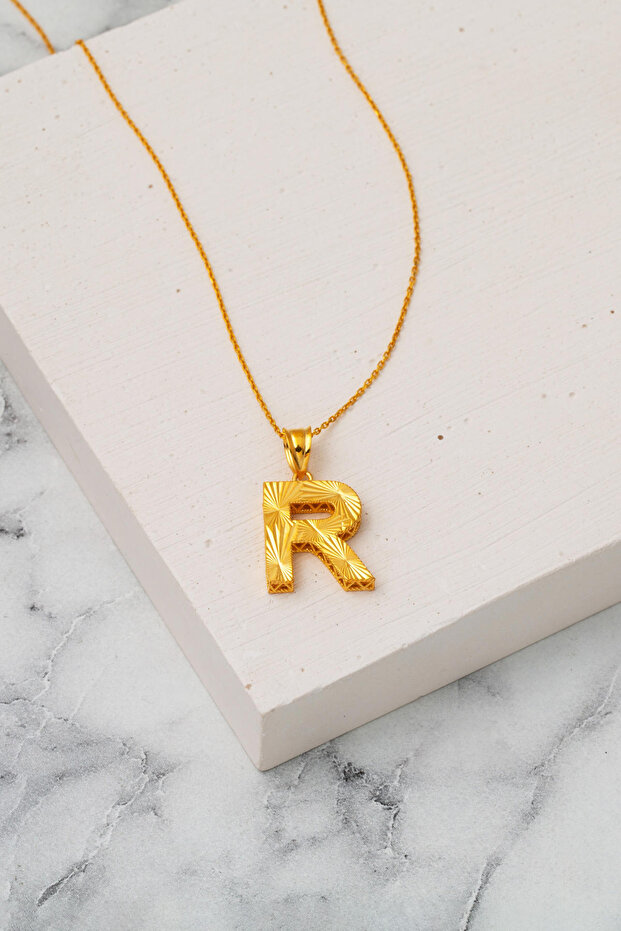 R Baş Harfi Üç Boyutlu 22 Ayar Kolye - 2