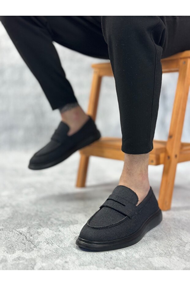 Ba0355 Laceless Linen Black Sole Classic Corcik Men's Shoes