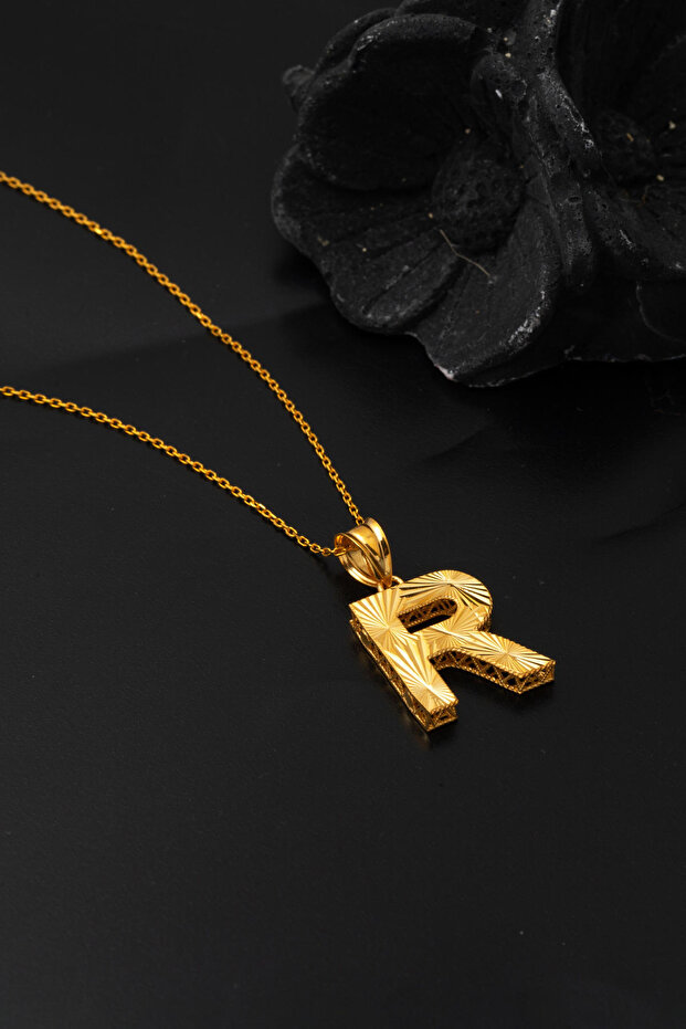 R Baş Harfi Üç Boyutlu 22 Ayar Kolye - 4