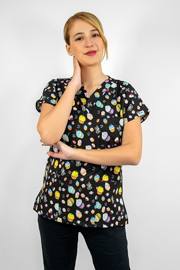 Doctor Hospital Nurse Uniform Cup Cake Cake Patterned Lycra Top Uniform, Scrubs, Greys