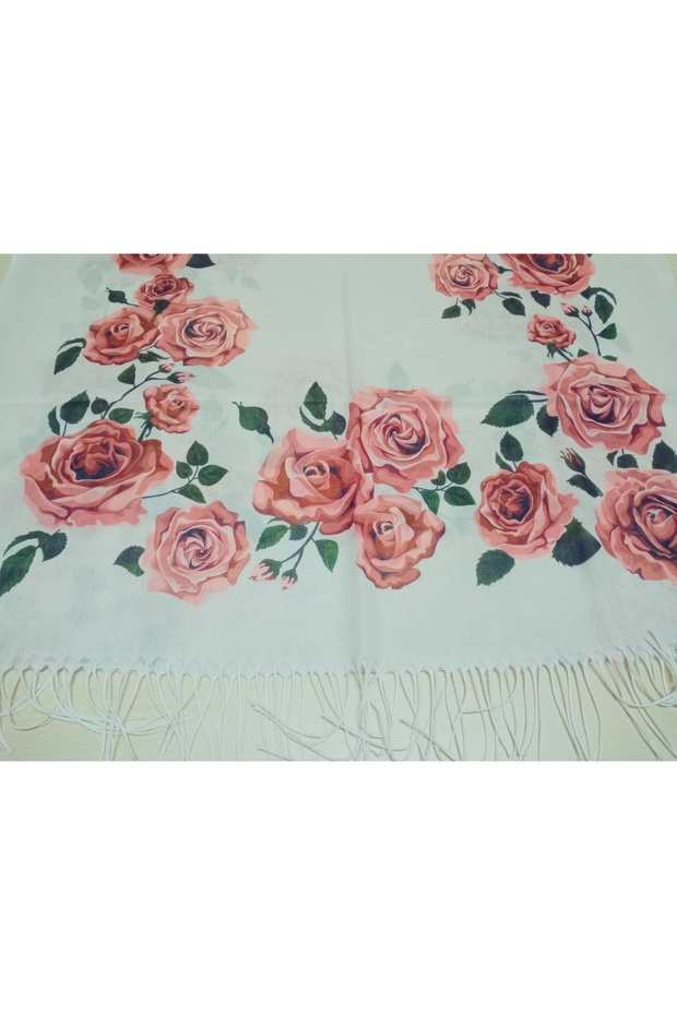 Elegant Vivid Rose Pattern Cotton Shawl with Tassels, Prayer Cover 180X70Cm