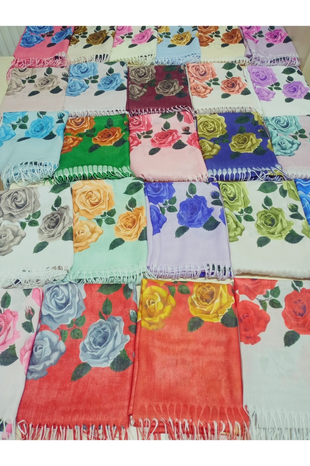 Elegant Vivid Rose Pattern Cotton Shawl with Tassels, Prayer Cover 180X70Cm
