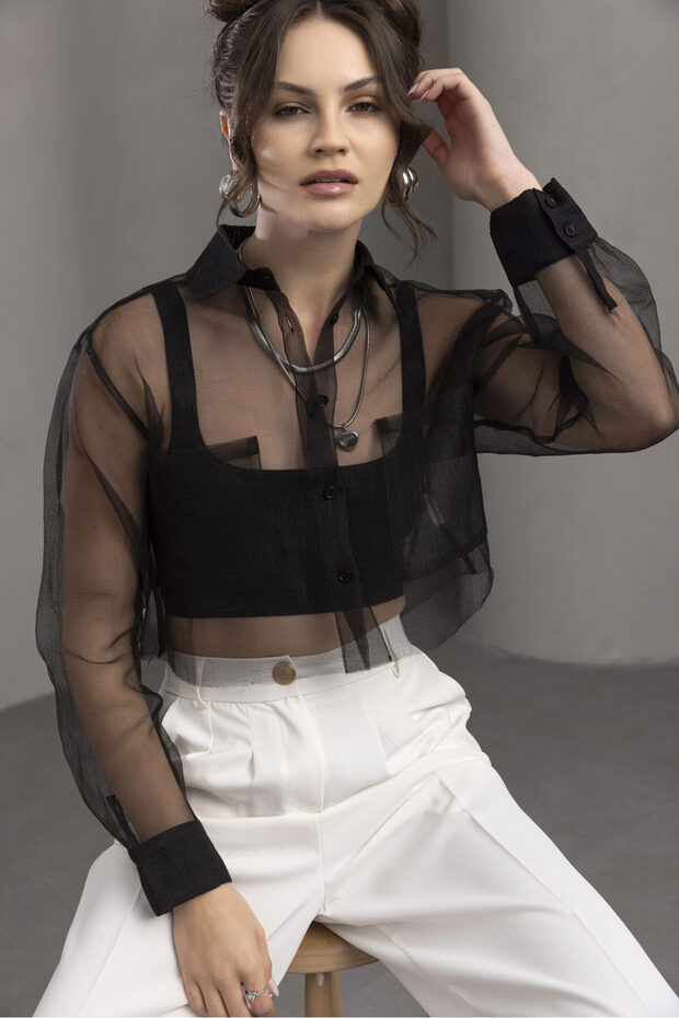 Organze Crop Gömlek Siyah - 1