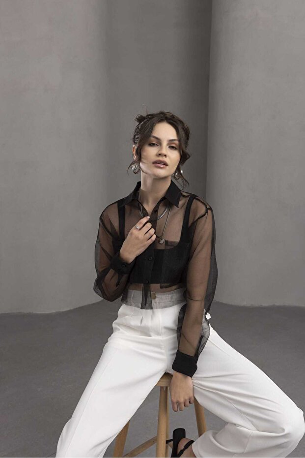 Organze Crop Gömlek Siyah - 2