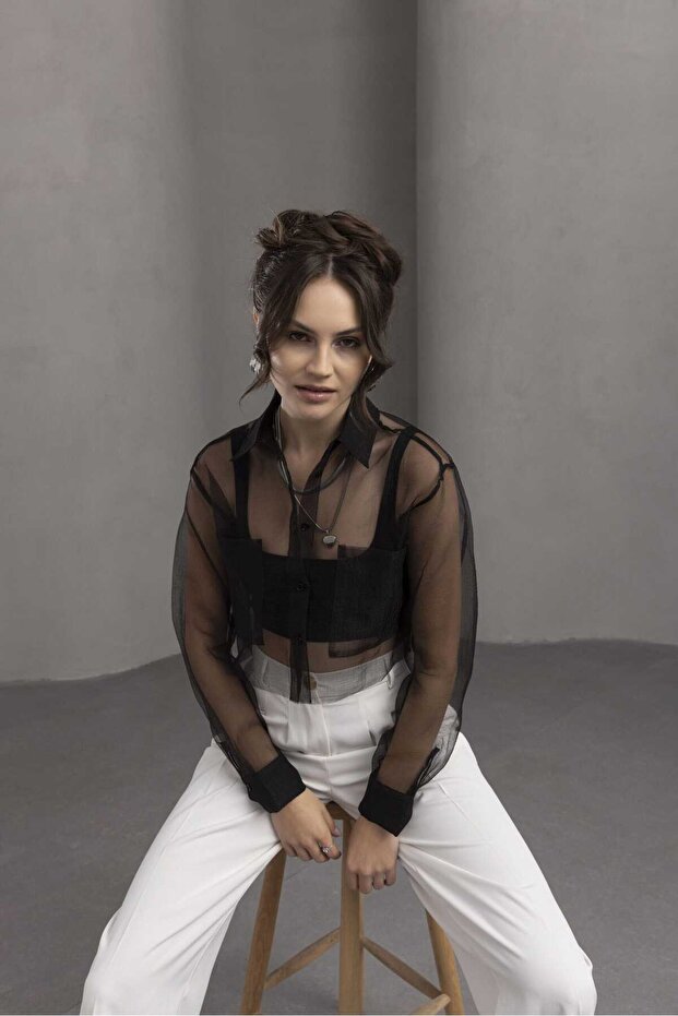 Organze Crop Gömlek Siyah - 4