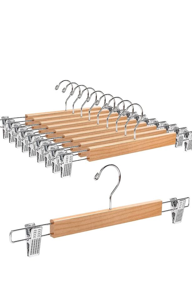 10 Adet Ahşap Bambu Etek Pantolon Askı | Mandallı Metal Uçlu Etek, Elbise, Eşarp, Şal Askısı - 3