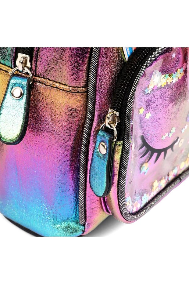 حقيبة ظهر مدرسية متوسطة الحجم مزينة بالترتر بتصميم يونيكورن متعدد الألوان - 5