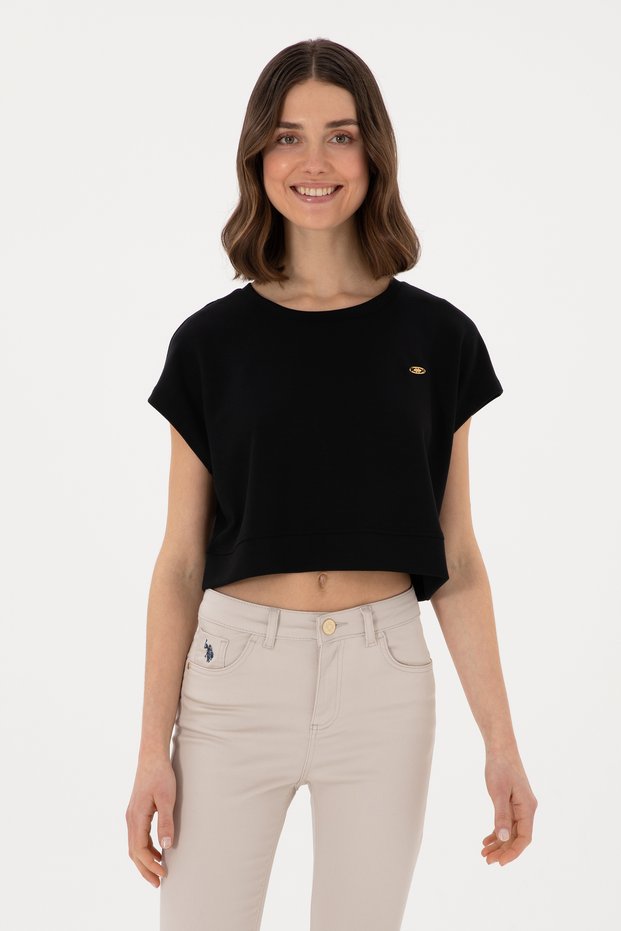 Women's Black Crop Crew Neck T-Shirt 50305682-Vr046