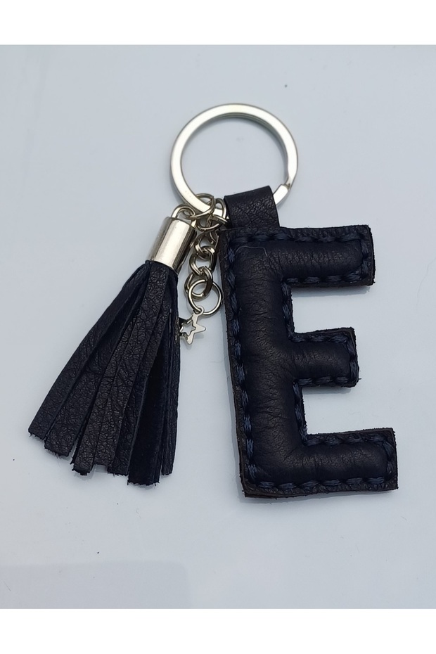 Real Leather Black Letter'E' Keychain