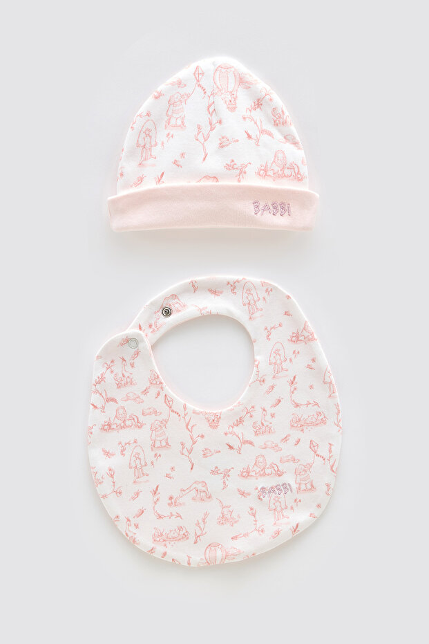 100% Cotton Newborn Bib & Hat Set - Toile De Jouy / Pink