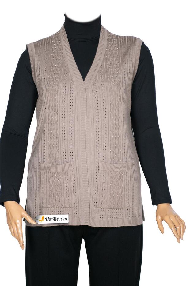 Women's Karen Knitwear Pocket Beaded Sand Beige Vest