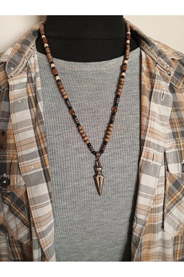 EL YAPIMI - ÖZEL TASARIM - OK UÇLU - AHŞAP - BOHEM KOLYE - 2