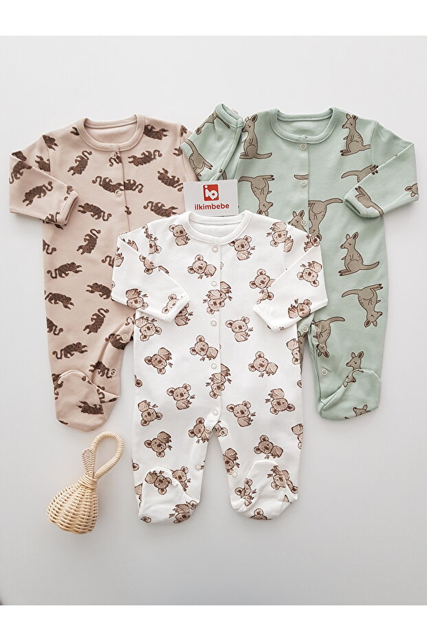 Safari Animals 3-Piece Baby Rompers Set, 100% Cotton