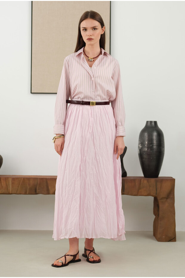 Çizgili Fit Gömlek Pembe - 5