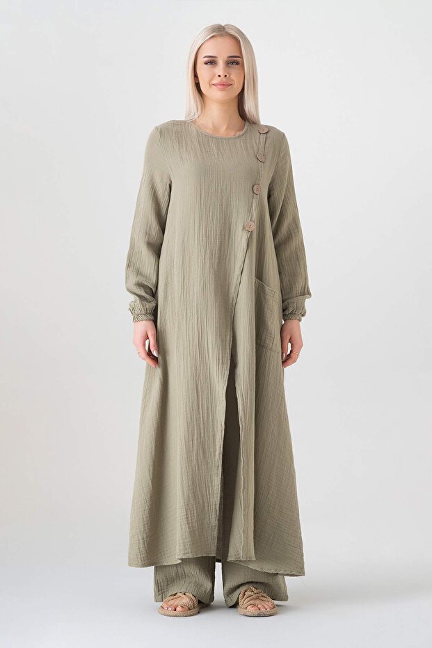 Muslin Fabric Button Detail Front Slit 100% Cotton Hijab Tunic - Green