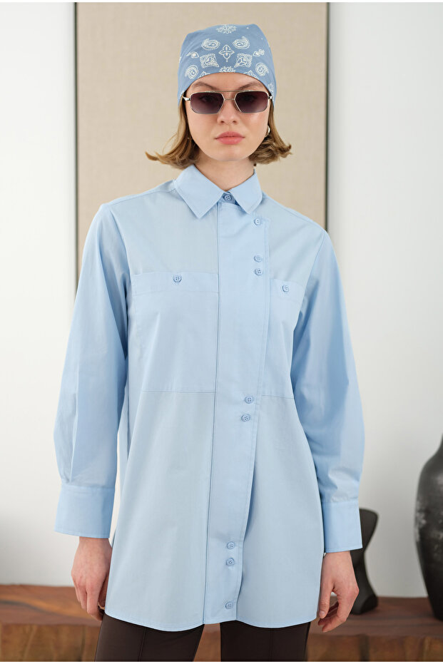 Asymmetric Patch Shirt Light Blue