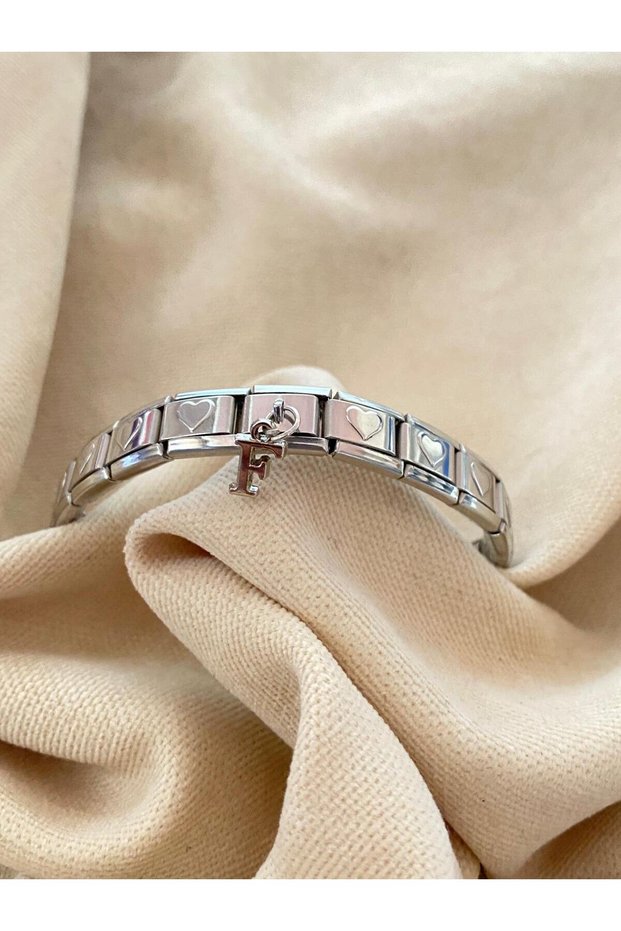 Letter F with Heart Steel Italian Charm Bracelet