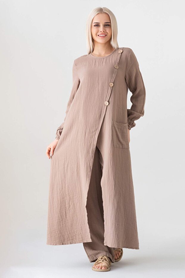 Muslin Fabric Button Detail Front Slit 100% Cotton Hijab Tunic - Mink