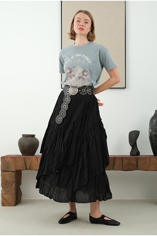 Katlı Bohem Etek Siyah - 1