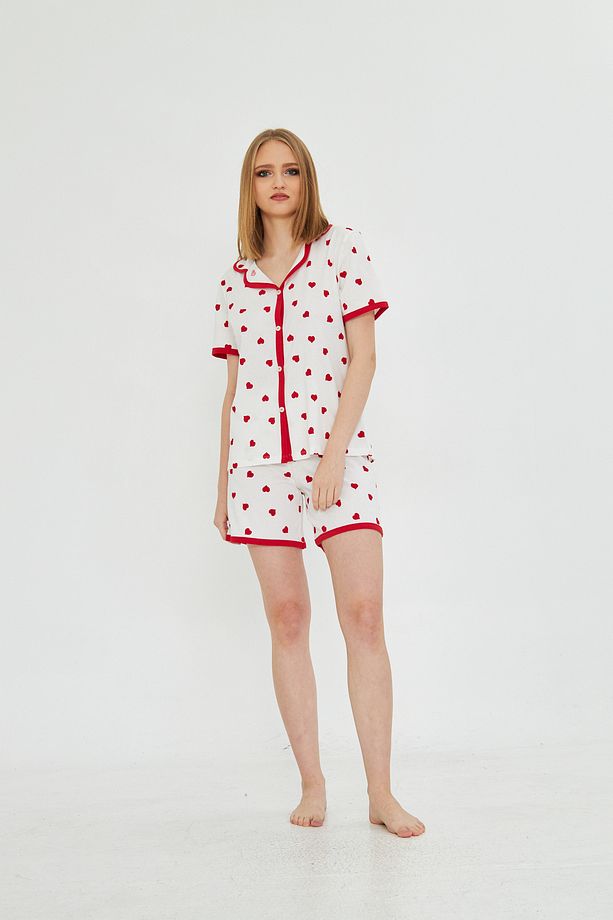 Kadın Kısa Kollu Önü Düğmeli Kalp Desenli Şortlu Pijama Takımı - 2