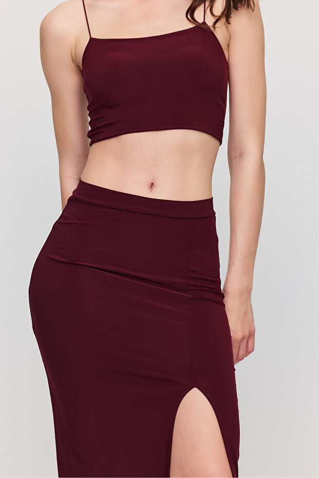 Women's Black Rope Strap Crop Slit Skirt Set