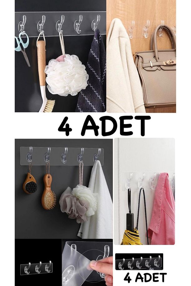 4 Adet Kendinden Yapışkanlı Güçlü Şeffaf 5li Askılık - Kapı Arkası Mutfak Duvar Banyo - 1