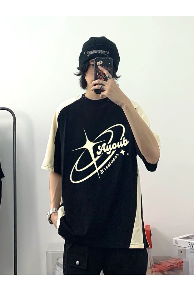 Black Ayoub Streetwear Printed Beige Striped Oversize T-Shirt - Mingalondon