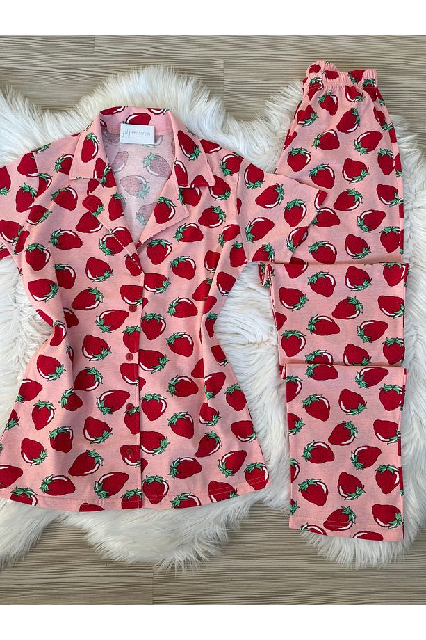 Pembe Çilek  Desenli Pamuklu Kısa Kol Gömlek Yaka Pijama Takımı - 8