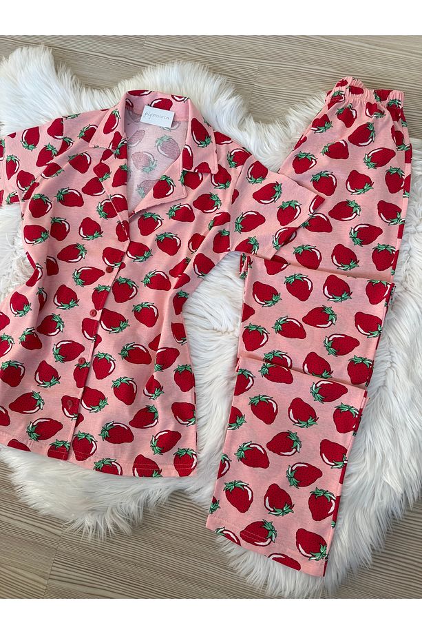 Pembe Çilek  Desenli Pamuklu Kısa Kol Gömlek Yaka Pijama Takımı - 7