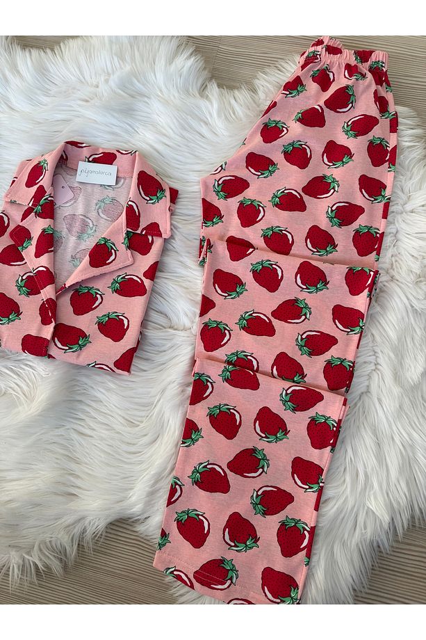Pembe Çilek  Desenli Pamuklu Kısa Kol Gömlek Yaka Pijama Takımı - 4