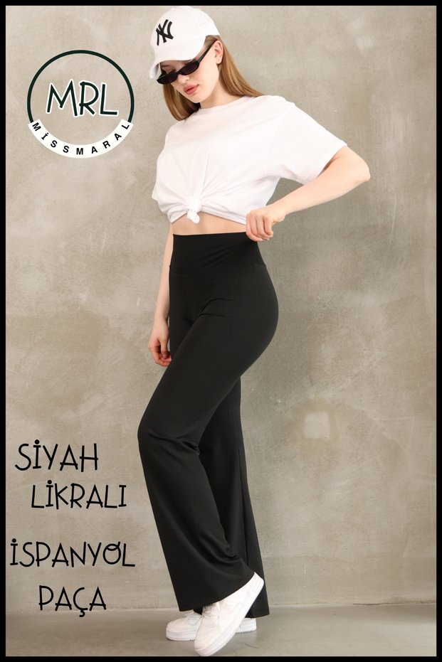Women's Black High Waist Tightening Leggings Trousers Flared Leg Lycra Stretchy Diving Fabric 1040