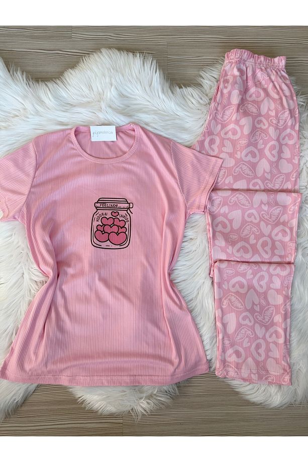 Açık Pembe Kalp Desenli Bisiklet Yaka Kısa Pegasus Kol Pijama Takımı - 8