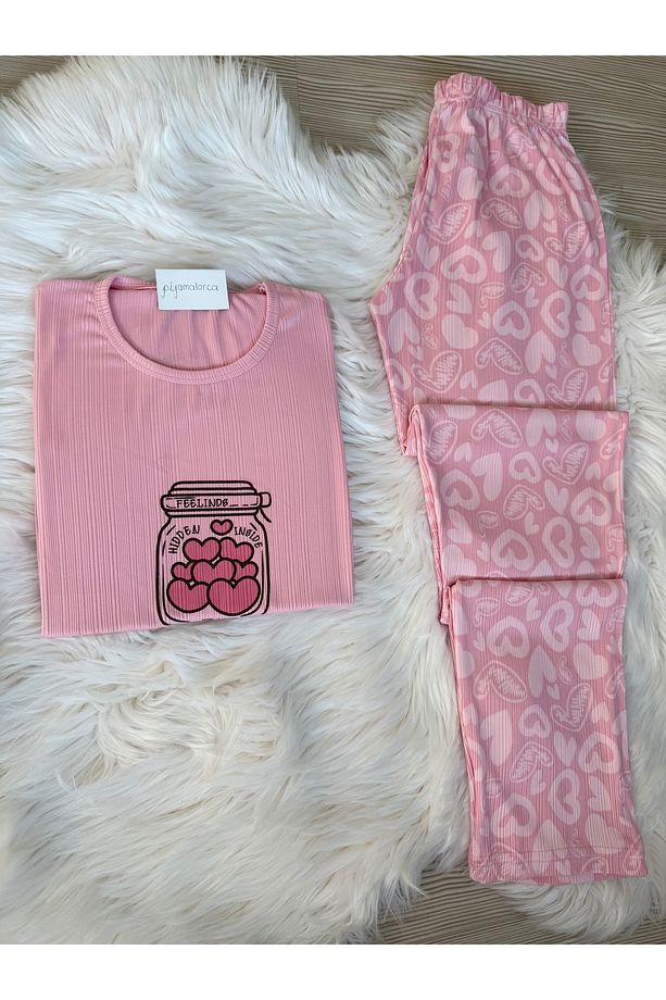 Açık Pembe Kalp Desenli Bisiklet Yaka Kısa Pegasus Kol Pijama Takımı - 3