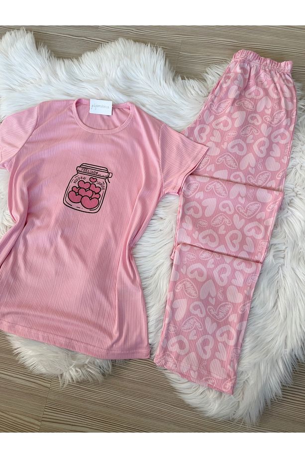 Açık Pembe Kalp Desenli Bisiklet Yaka Kısa Pegasus Kol Pijama Takımı - 7
