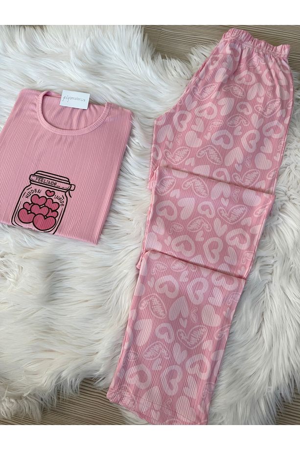 Açık Pembe Kalp Desenli Bisiklet Yaka Kısa Pegasus Kol Pijama Takımı - 4