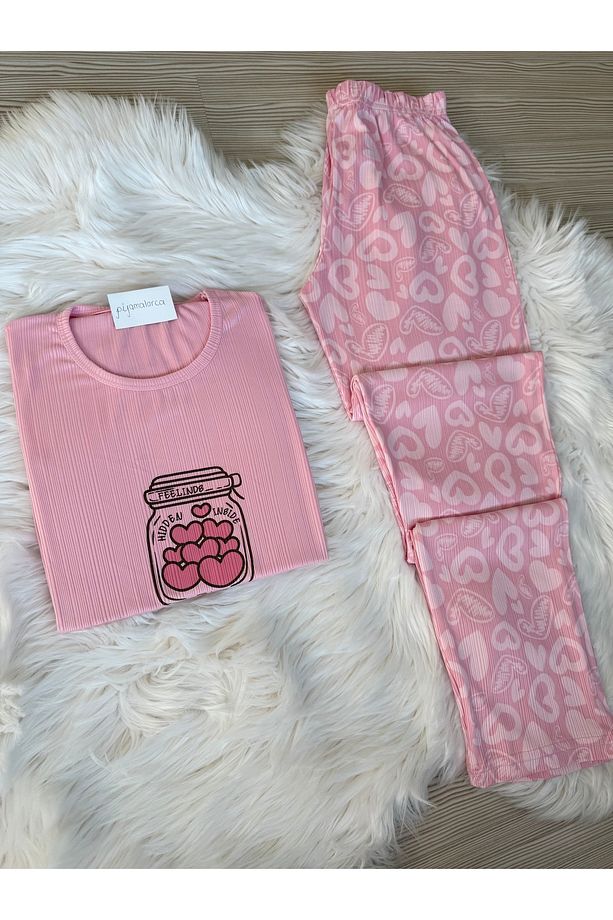 Açık Pembe Kalp Desenli Bisiklet Yaka Kısa Pegasus Kol Pijama Takımı - 2