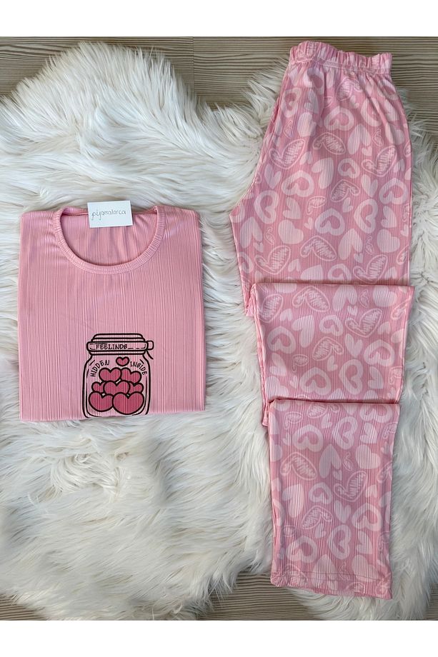 Açık Pembe Kalp Desenli Bisiklet Yaka Kısa Pegasus Kol Pijama Takımı - 1