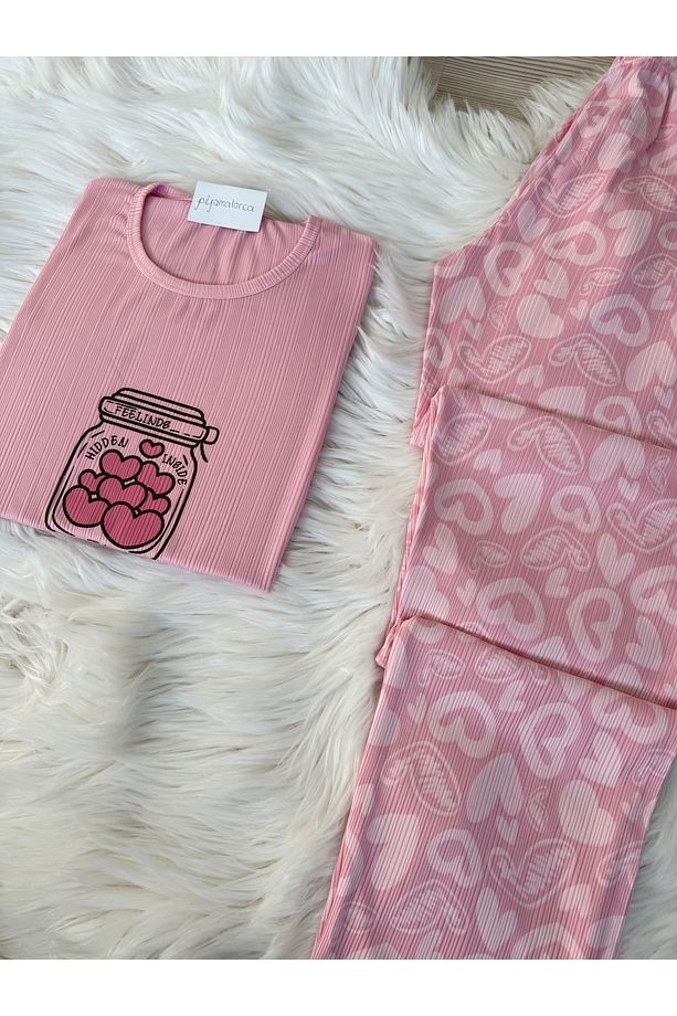 Açık Pembe Kalp Desenli Bisiklet Yaka Kısa Pegasus Kol Pijama Takımı - 5